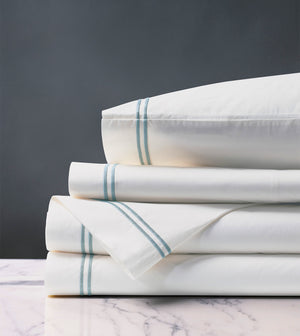 Double Striped Lake Blue Satin Stitch Sheet Set - Bedding Luxuries