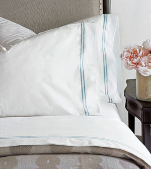 Double Striped Lake Blue Satin Stitch Sheet Set - Bedding Luxuries