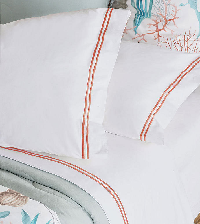 Double Striped Coral Satin Stitch Sheet Set - Bedding Luxuries