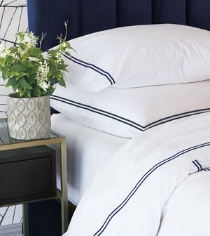 Double Striped Navy Satin Stitch Sheet Set - Bedding Luxuries