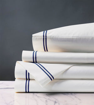 Double Striped Navy Satin Stitch Sheet Set - Bedding Luxuries