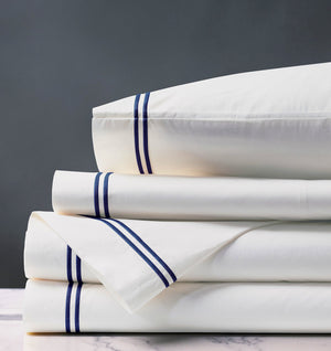 Double Striped Navy Satin Stitch Sheet Set - Bedding Luxuries