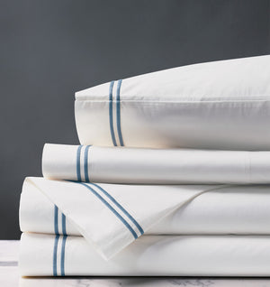 Double Striped Ocean Blue Satin Stitch Sheet Set - Bedding Luxuries