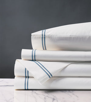 Double Striped Ocean Blue Satin Stitch Sheet Set - Bedding Luxuries
