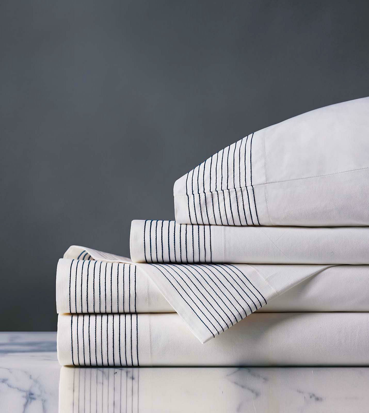 Tidal Stripe Navy Chain Stitch Sheet Set - Bedding Luxuries