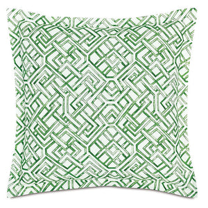 A square Euro pillow featuring a green and white geometric maze-like pattern, shown against a plain white background.