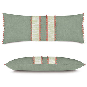 Front and side views of a sage green long bolster on a white background. The bolster features a central vertical banded design with a light green woven center and coral-pink fringed borders repeated on both short ends of the bolster.